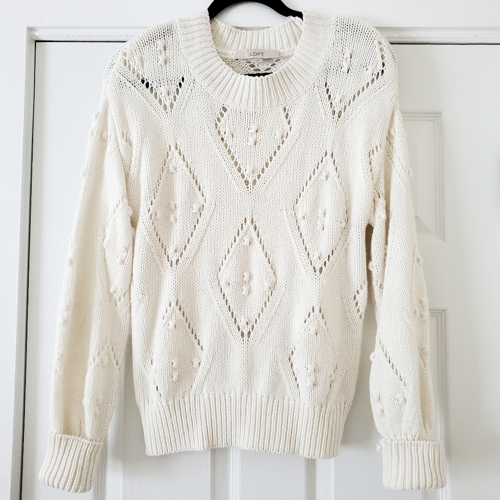 Loft White Geo Pointelle Bobble Knit Sweater